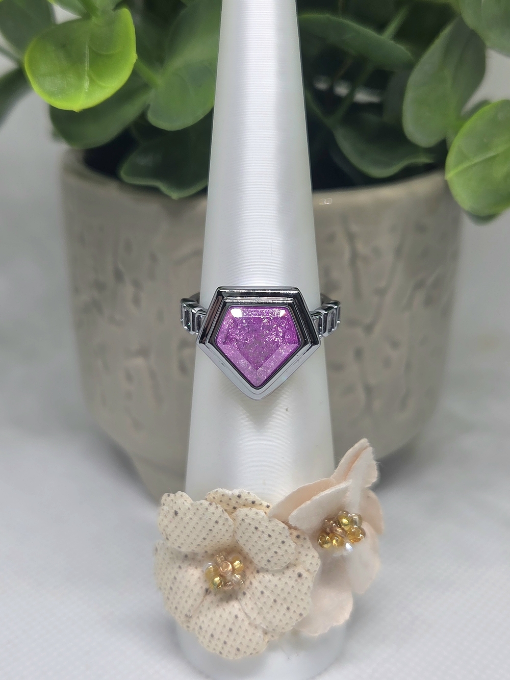 BP Silver Ring with Pink Ice Crystal Geometric Stone